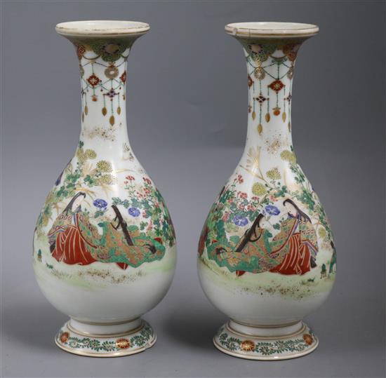 A pair of Japanese porcelain bottle vases, by Kanzan Denshichi, Meiji period, height 23.5cm, some damage